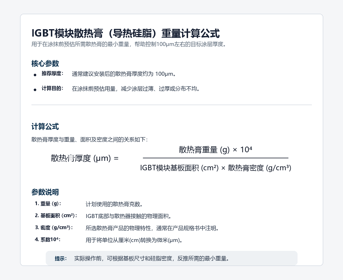 IGBT模块散热膏重量计算公式与导热硅脂厚度换算示意图